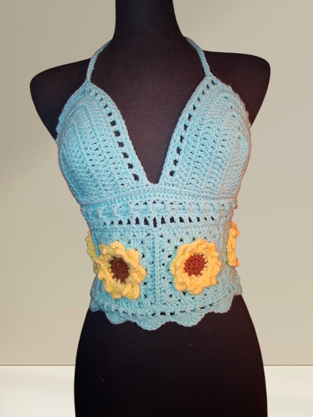 Handcrafted Light Blue Crochet Halter Top with Sunflower Accents